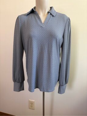 Adrianna Papell Small Blue and White Long Sleeve Geometric Blouse